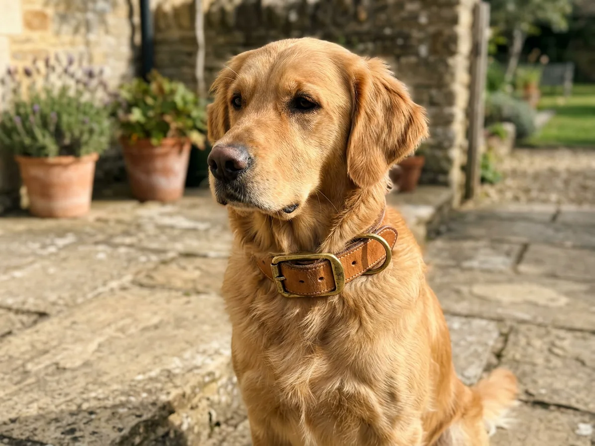 A golden retriever wearing the tan collar on a stone terrace, made with AI