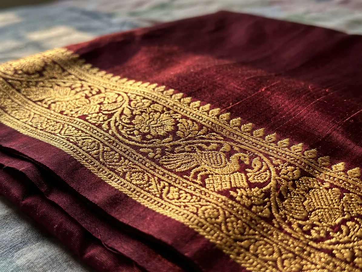 Close-up of the woven gold border, single silk threads visible, made with AI
