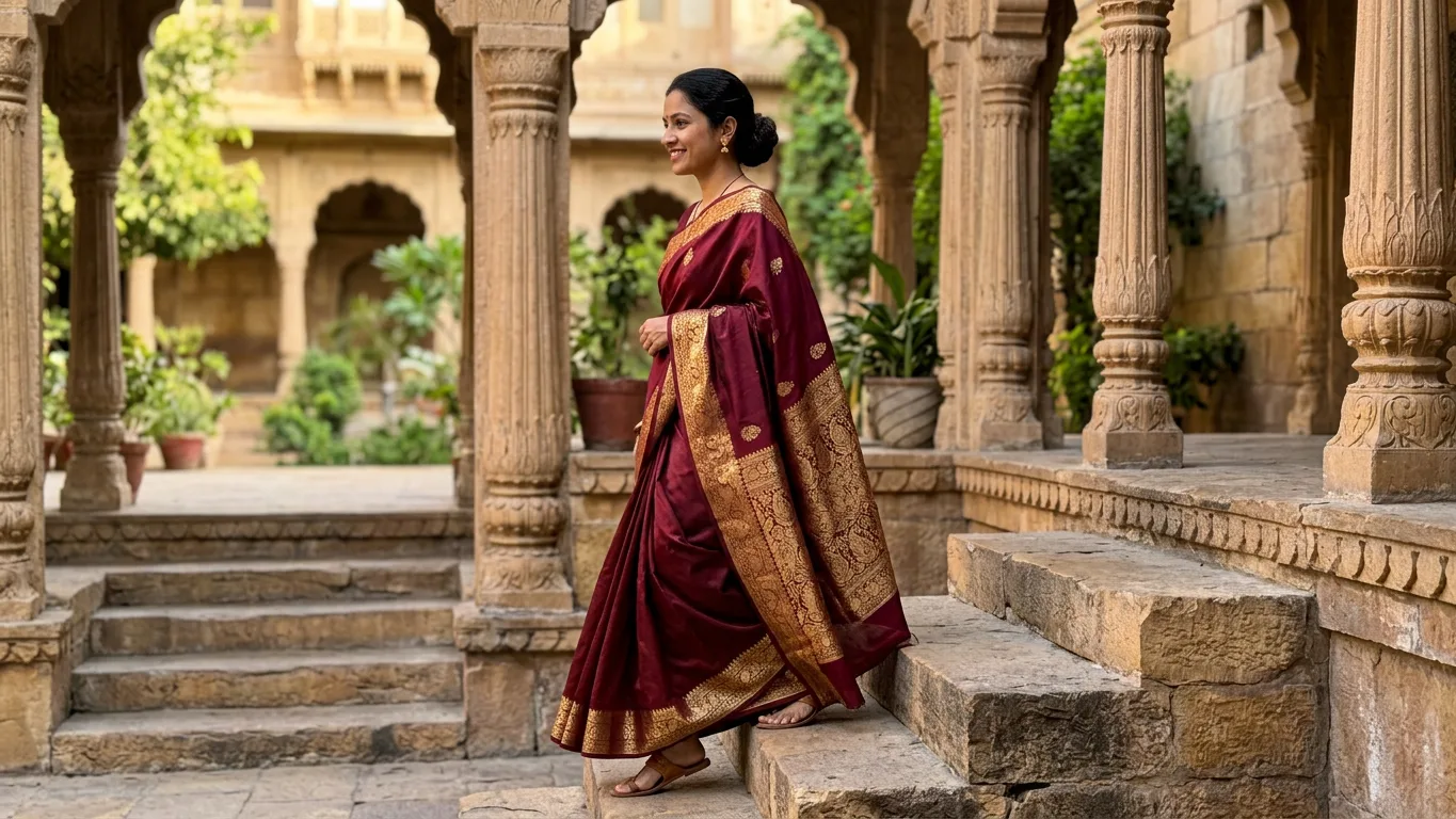 Woman in a maroon silk saree with a woven gold border, pallu over her shoulder, made with AI