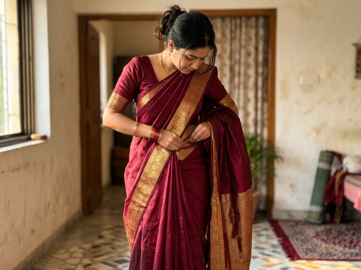 The same model adjusting the saree's pleats at her waist, made with AI
