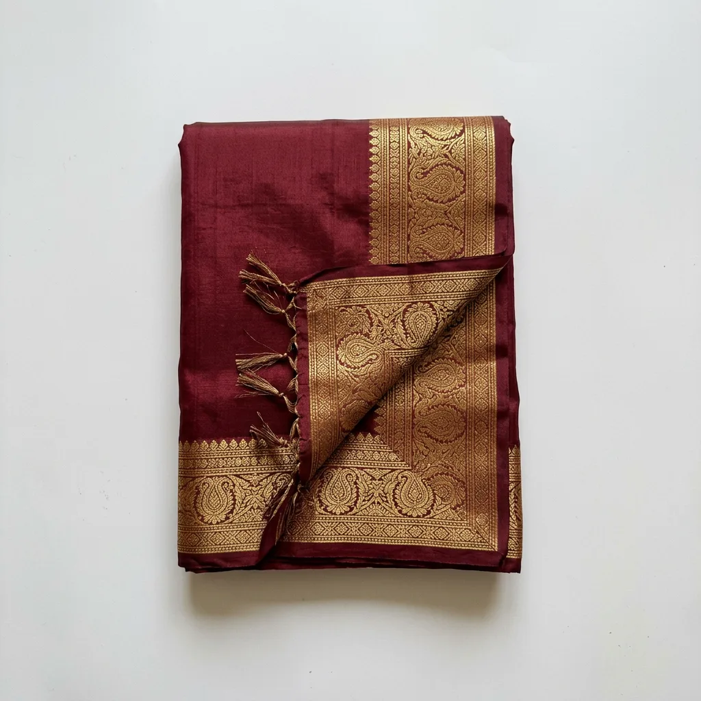 The maroon saree folded on white, its gold border and pallu showing, made with AI