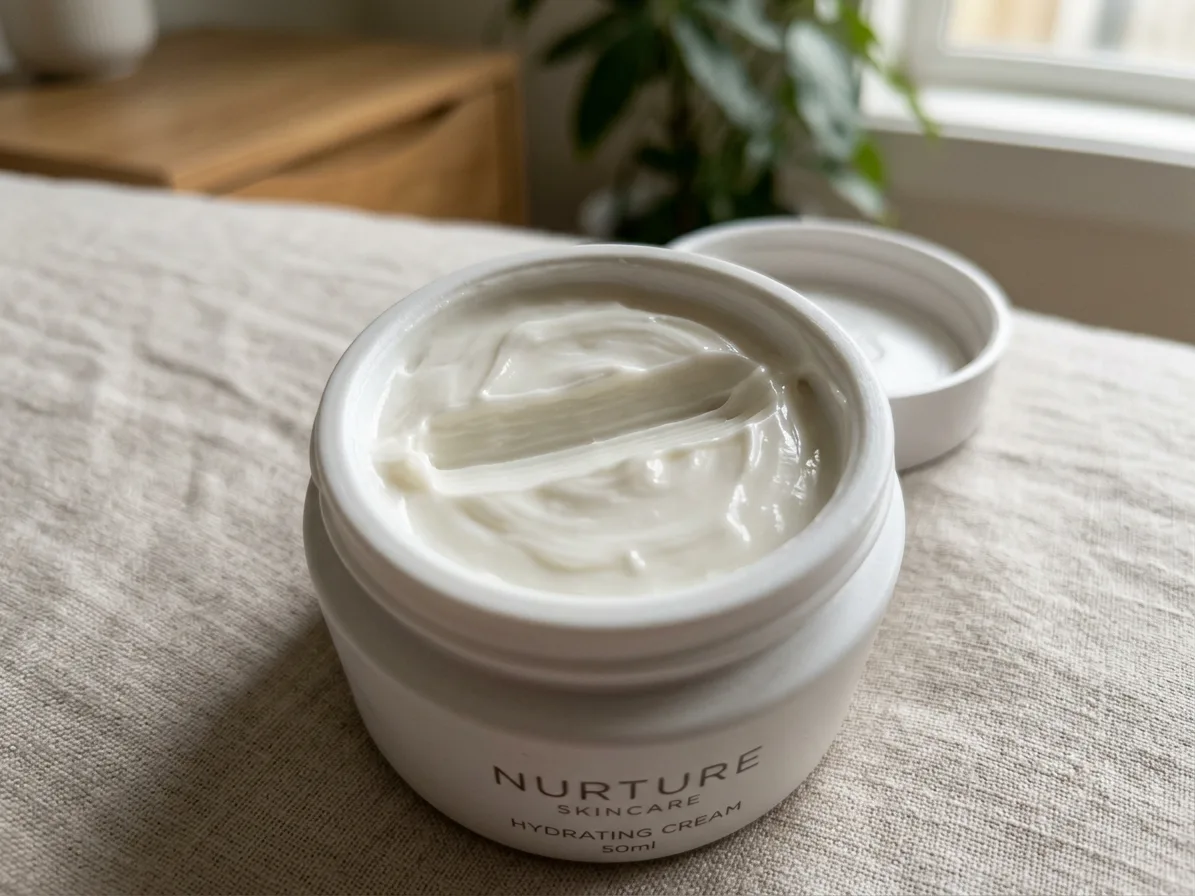 Close-up of the cream's surface with one finger-swipe through it, made with AI