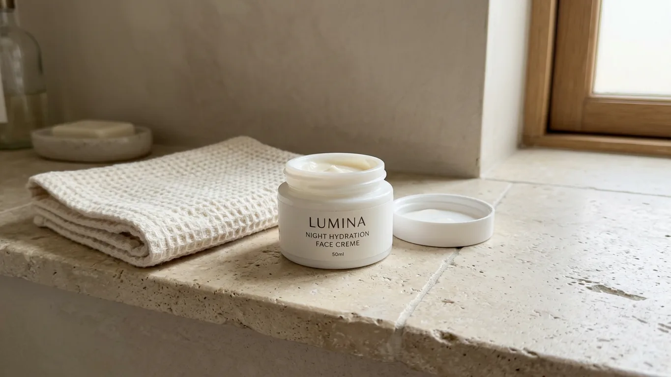 White ceramic jar of face cream with its lid off on a stone shelf beside an ivory towel, made with AI