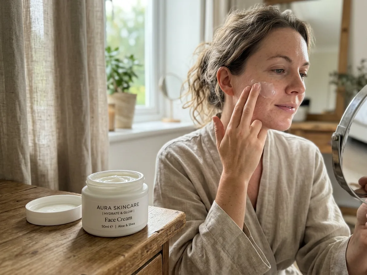 A woman applying the cream to her cheek with two fingers, made with AI