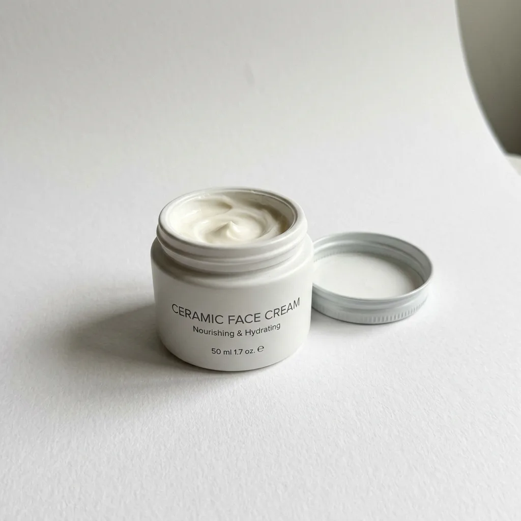 The face cream jar on white, lid beside it, seen from slightly above, made with AI