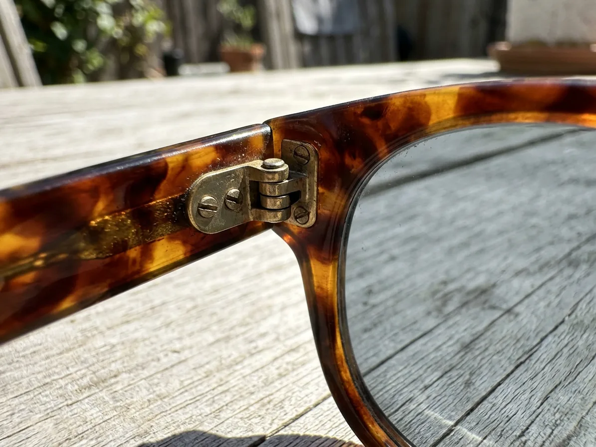 Close-up of one hinge and the edge of the grey lens, made with AI