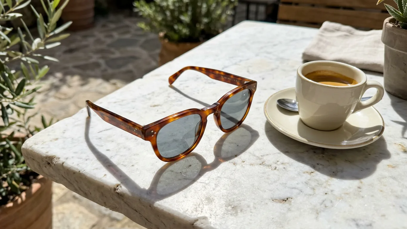 Tortoiseshell acetate sunglasses with grey lenses on a marble table beside an espresso cup, made with AI