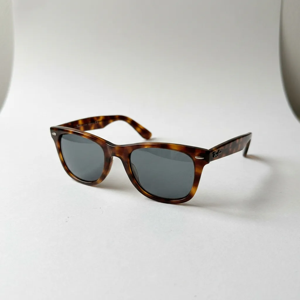 The tortoiseshell sunglasses open on white, turned towards the camera, made with AI