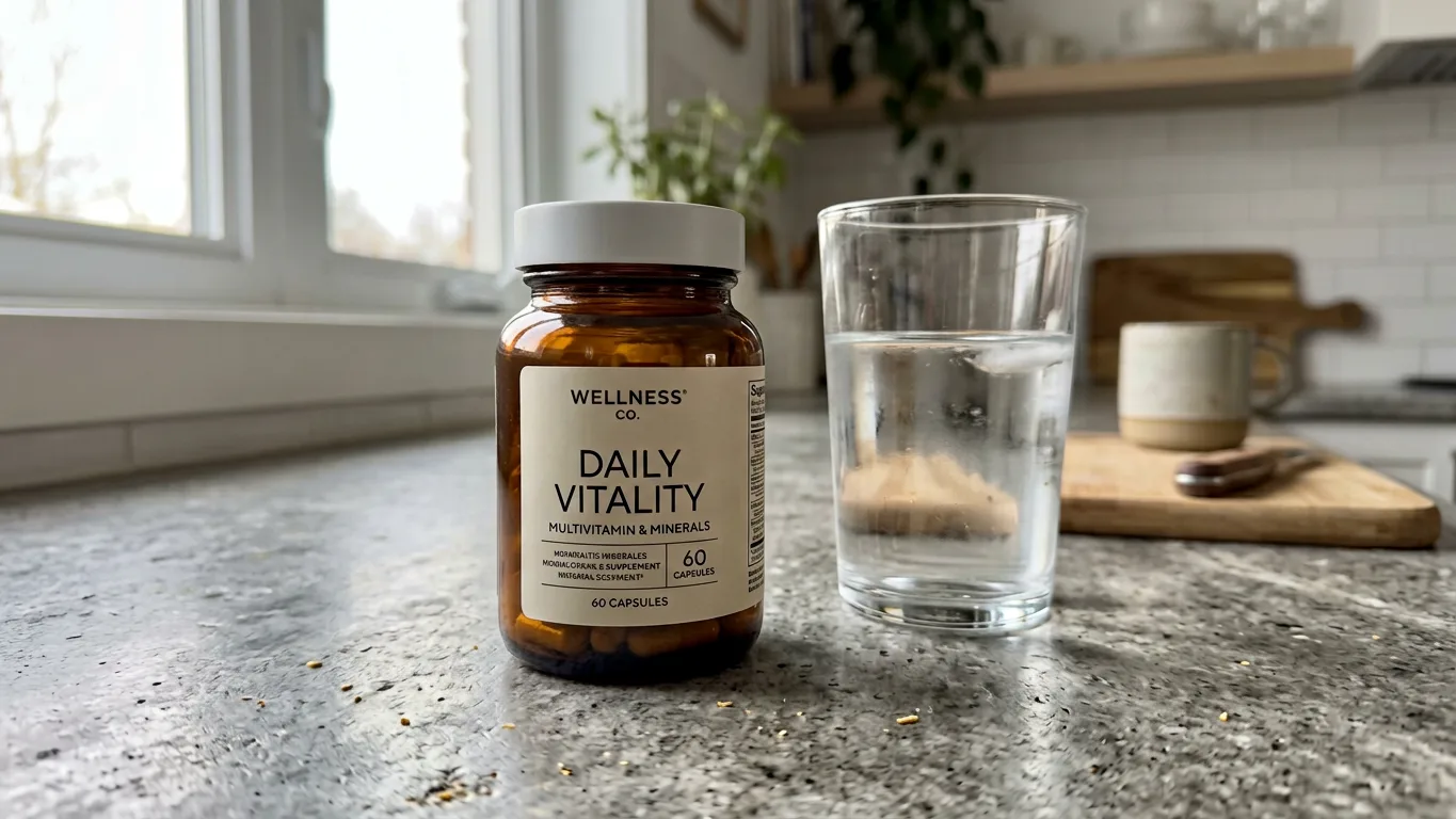 Amber glass supplement jar with a white lid on a stone kitchen counter beside water, made with AI