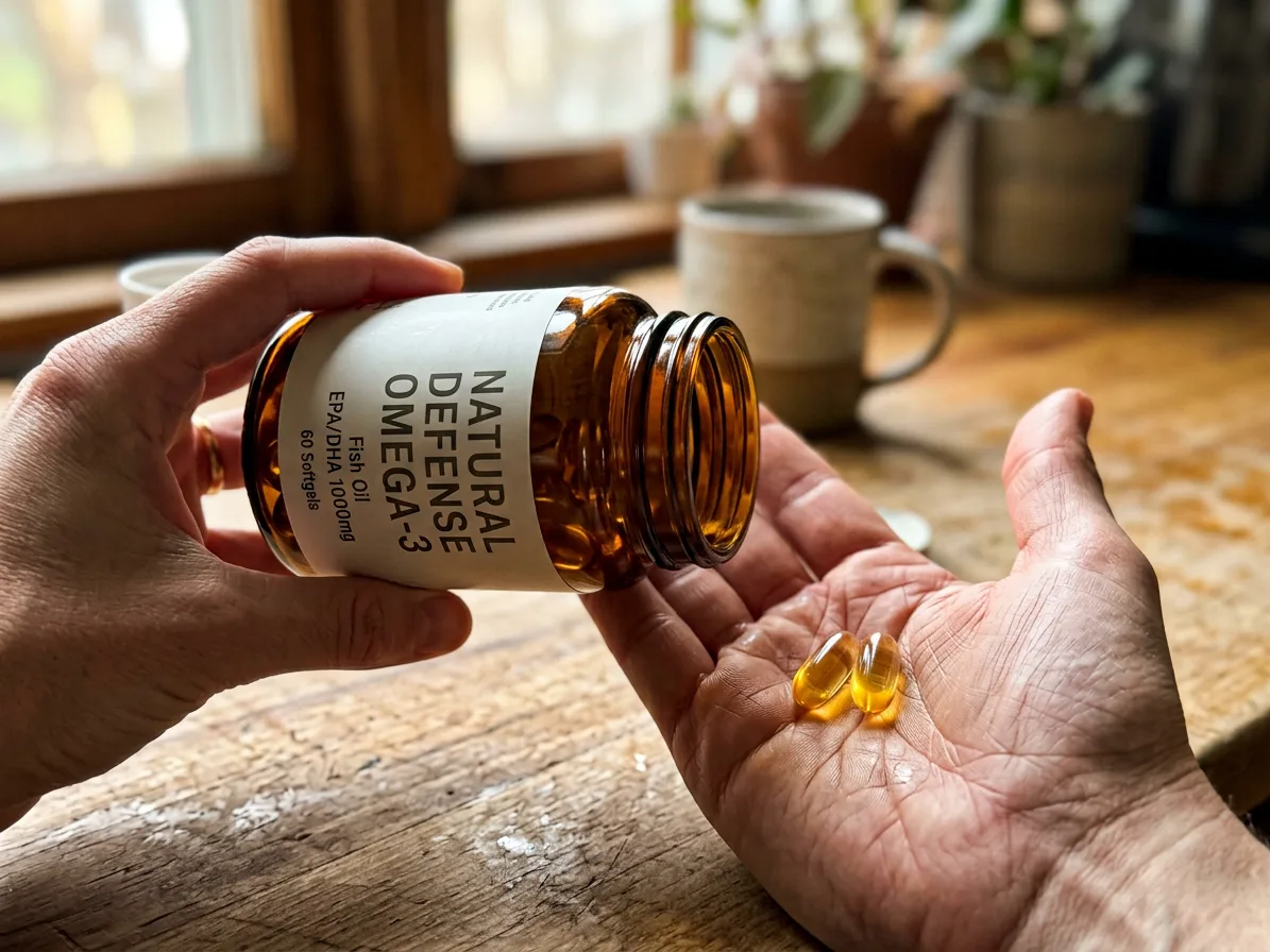 A hand tipping two capsules from the jar into an open palm, made with AI