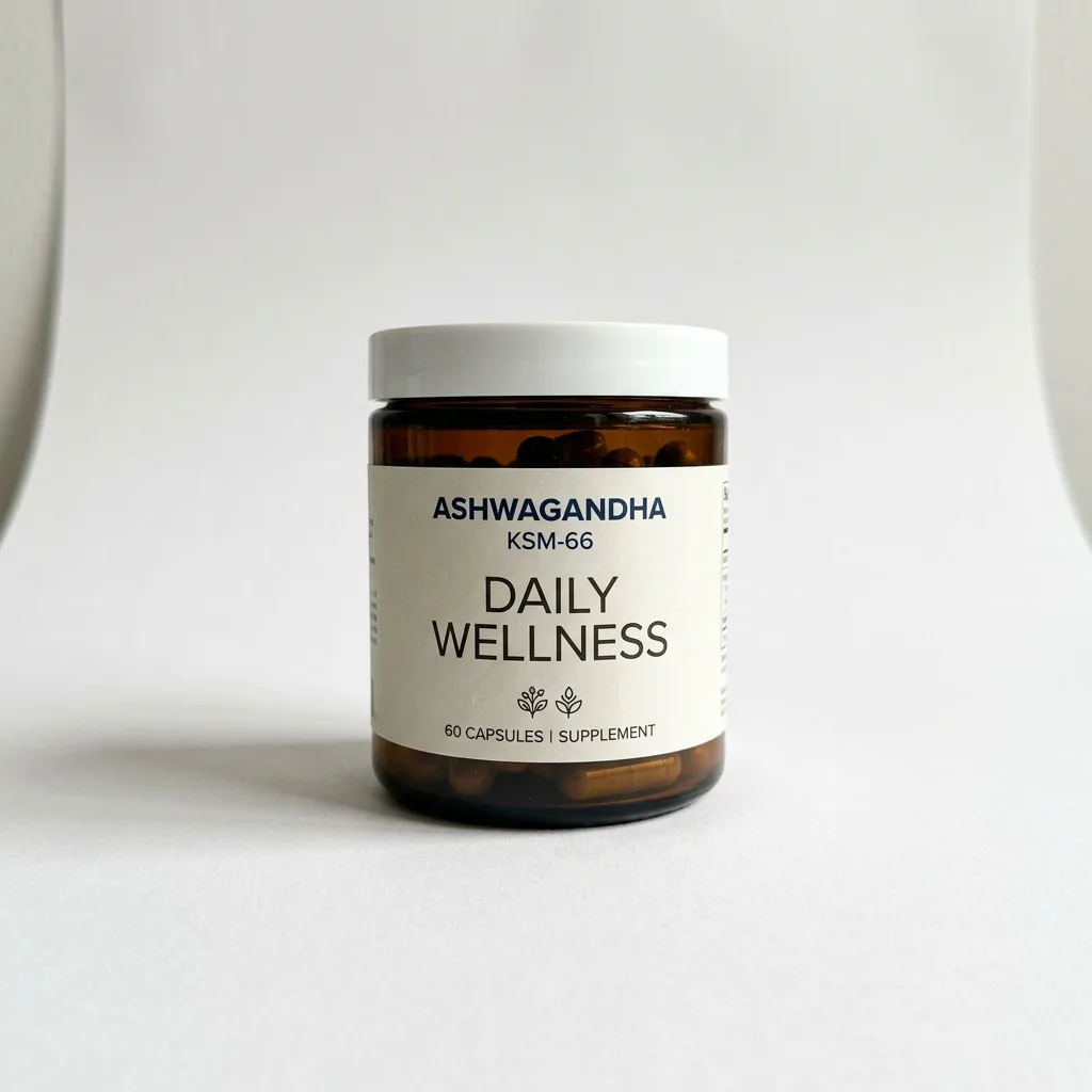 The amber supplement jar on white, seen straight on, made with AI