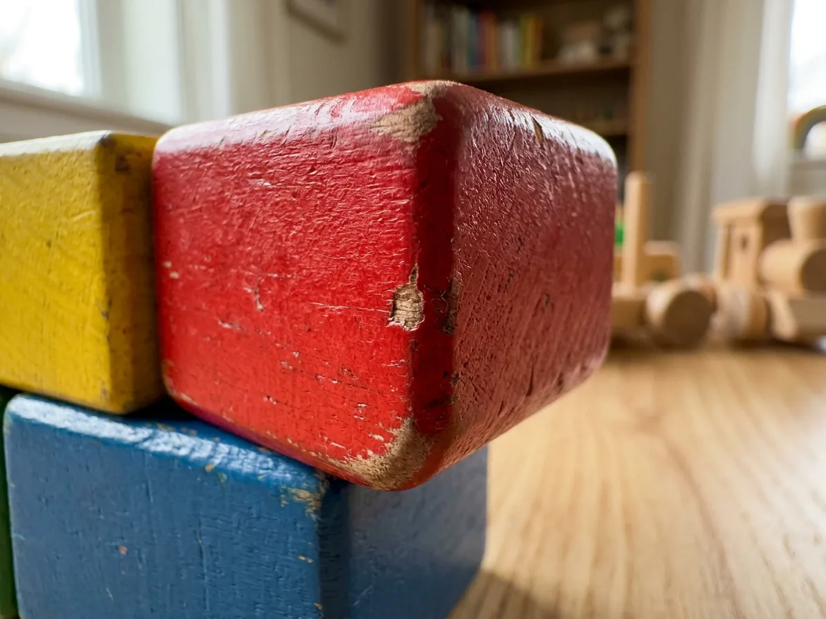 Close-up of the rounded painted corner of a red block, made with AI