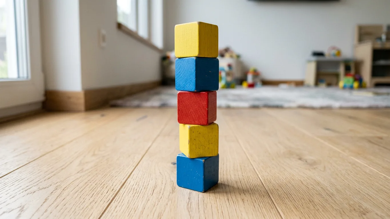 Painted wooden stacking blocks in red, yellow and blue stacked on a pale oak floor, made with AI