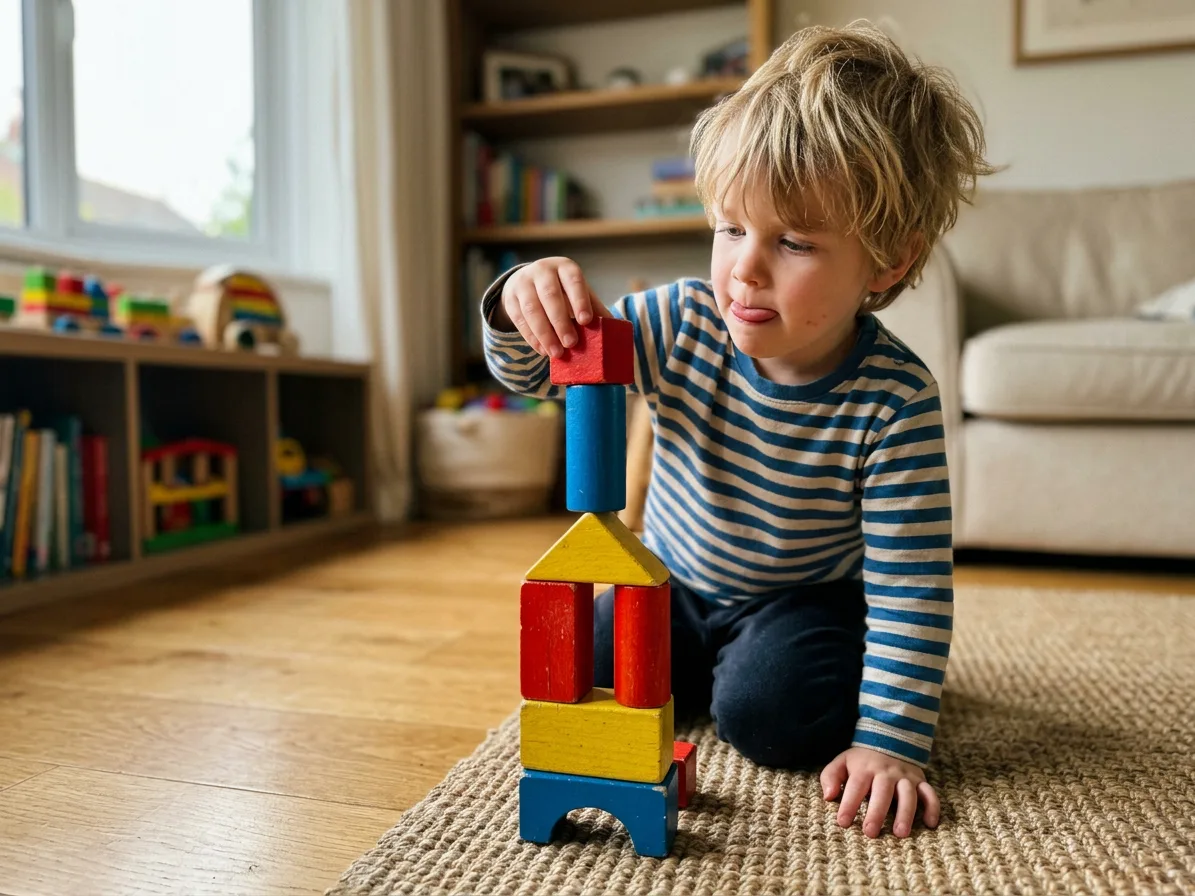 A young child placing the top block on the tower, made with AI