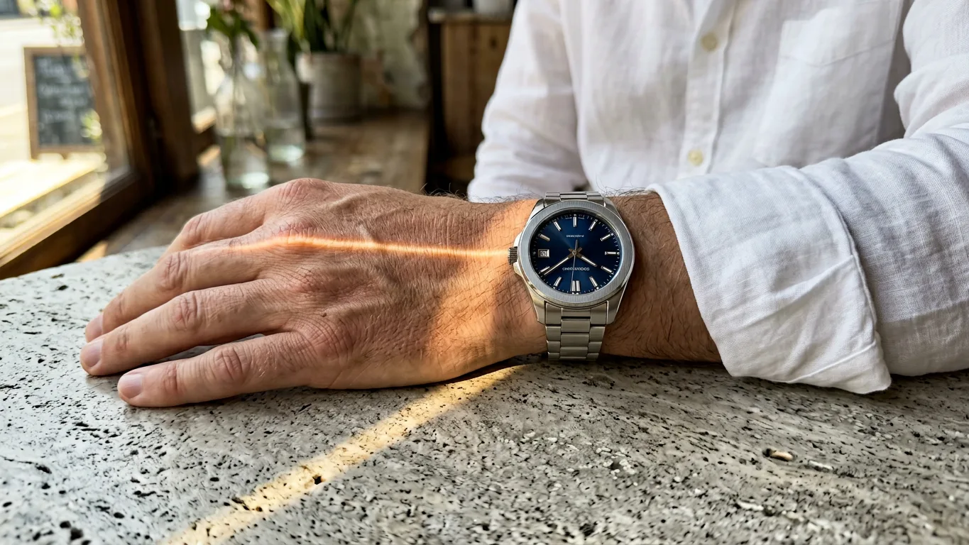 Steel automatic watch with a blue dial worn on a man's wrist with a white shirt cuff, made with AI