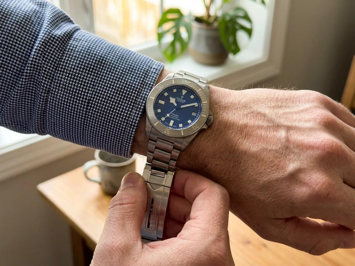 A man fastening the watch's clasp at his wrist, made with AI