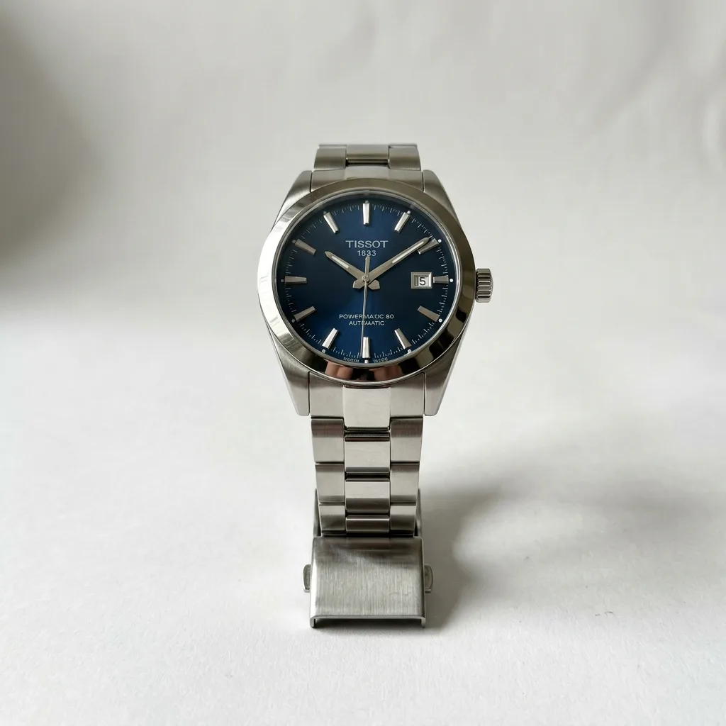 The steel watch standing on its clasp on white, dial facing the camera, made with AI