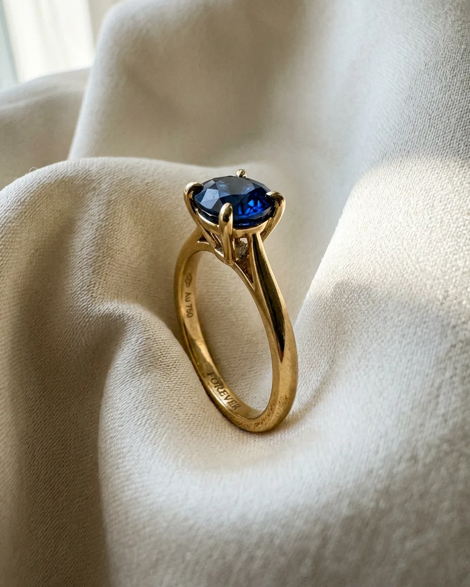 Sapphire ring macro on ivory silk by Kaptured.AI