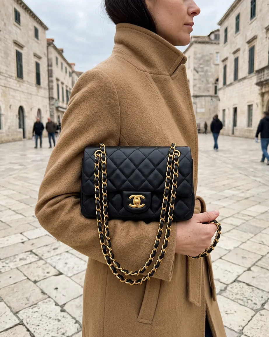 AI handbag on-model photoshoot, finished frame