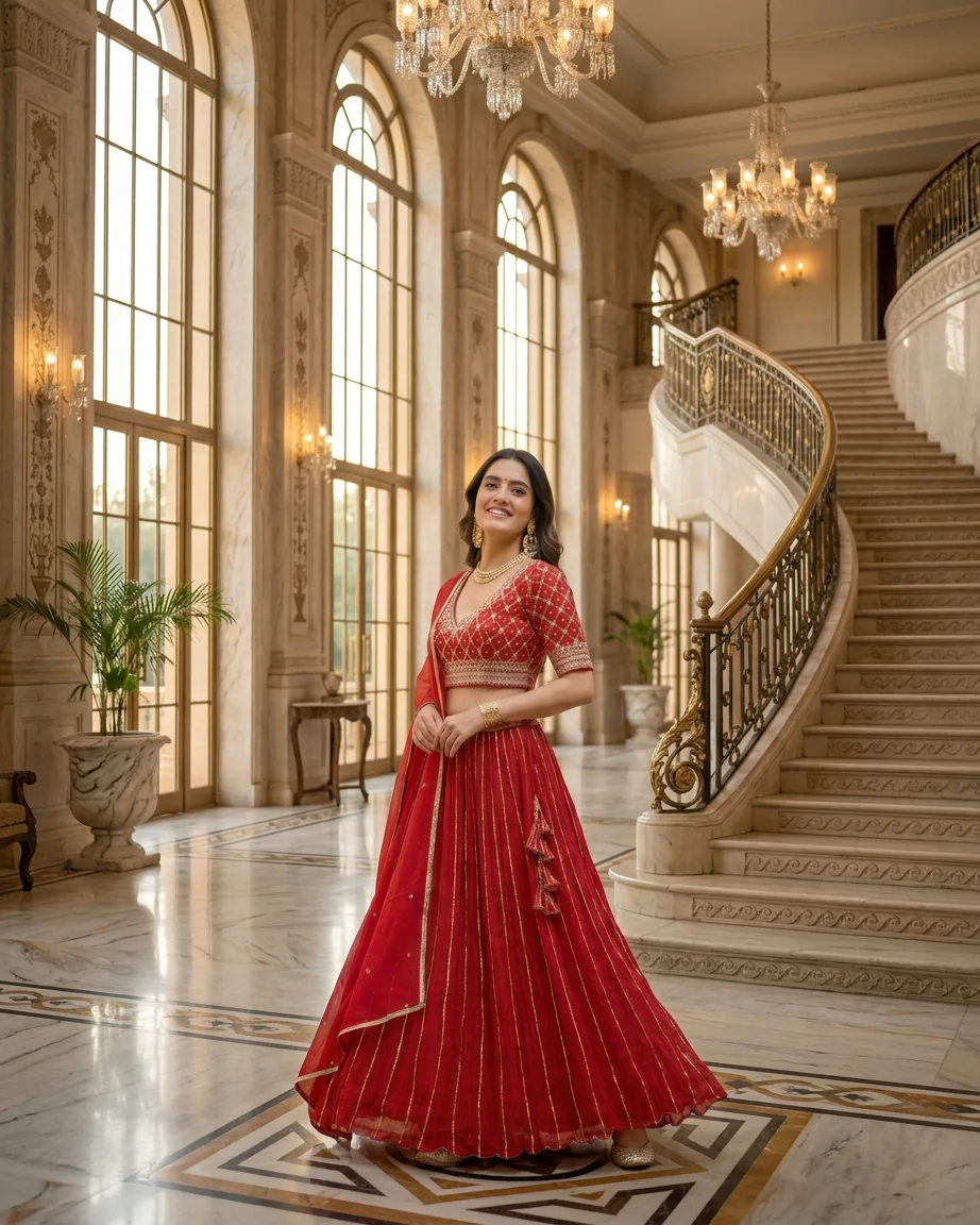 AI lehenga background swap, finished frame