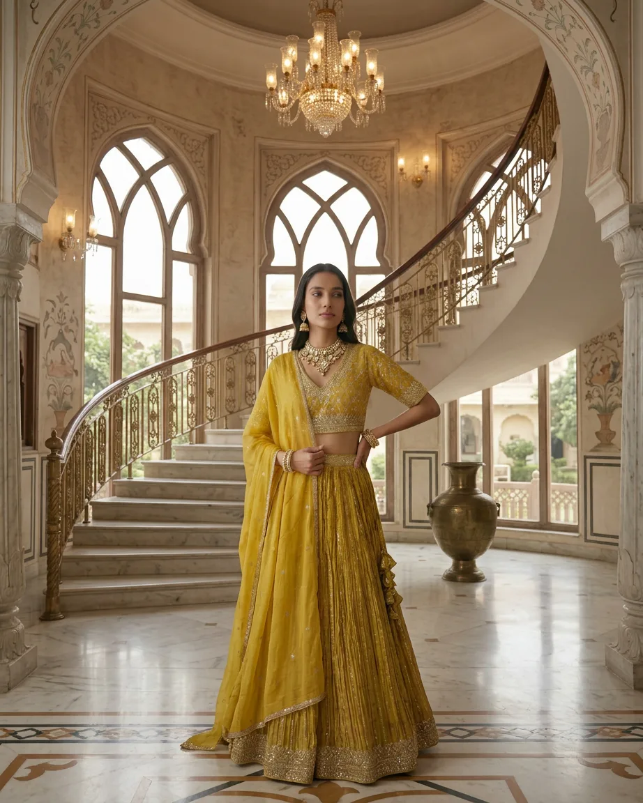 AI lehenga background swap, finished frame