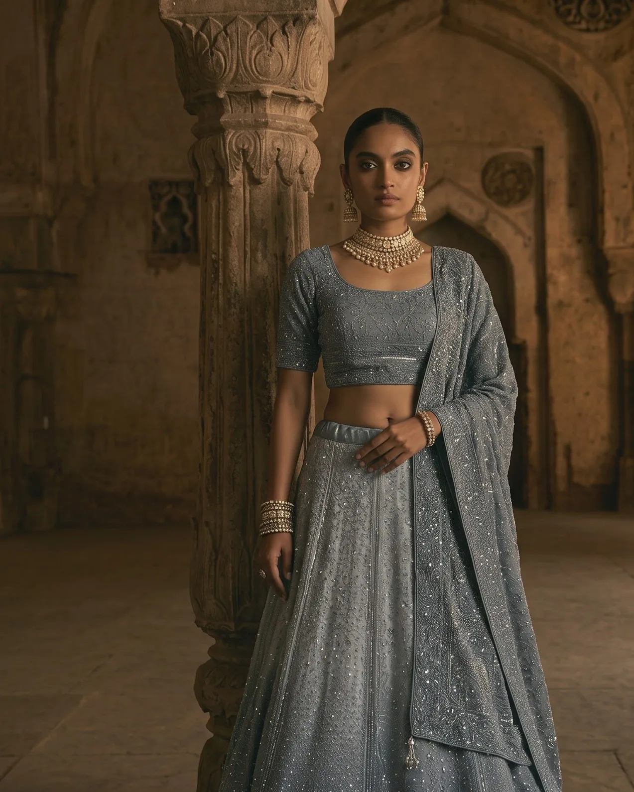 lehenga product photo as sent, before the background swap