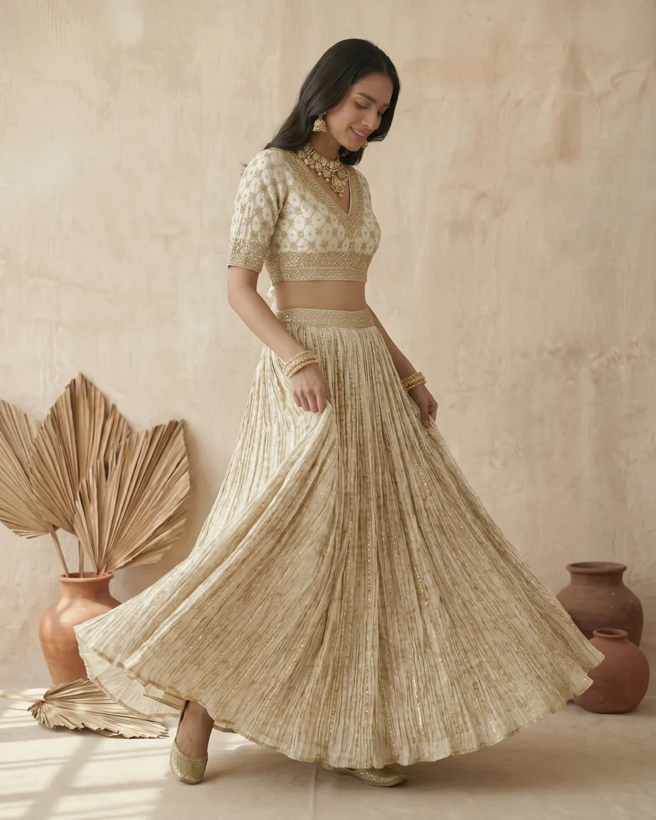AI lehenga colour variants, finished frame
