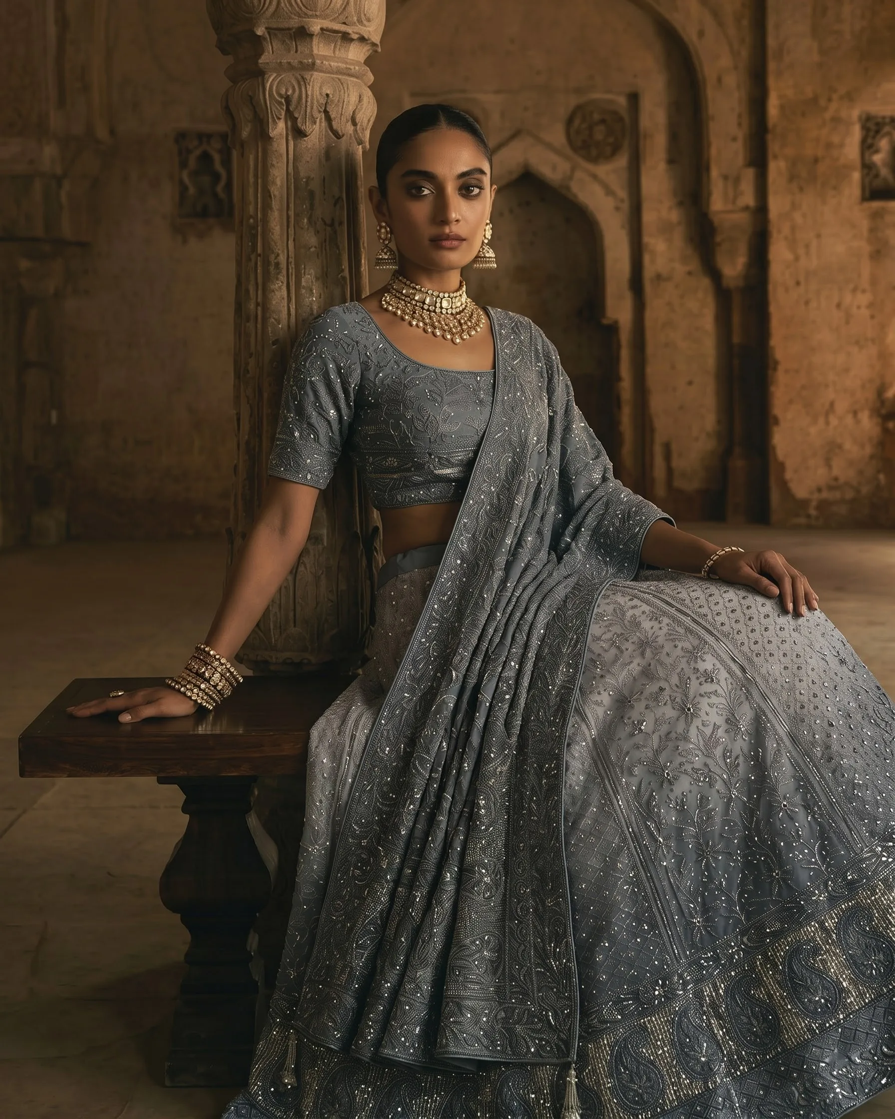 AI lehenga lifestyle shots, finished frame