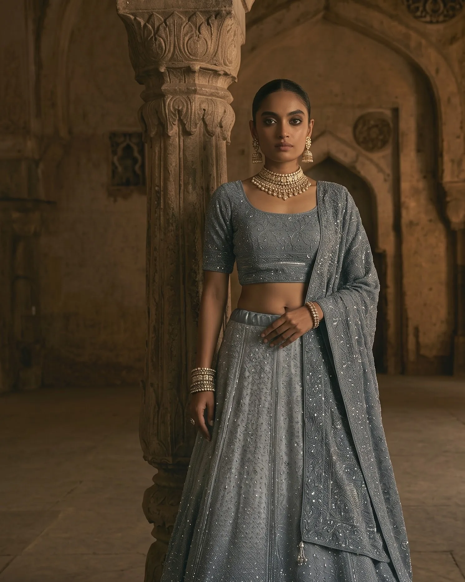 AI lehenga on-model photoshoot, finished frame