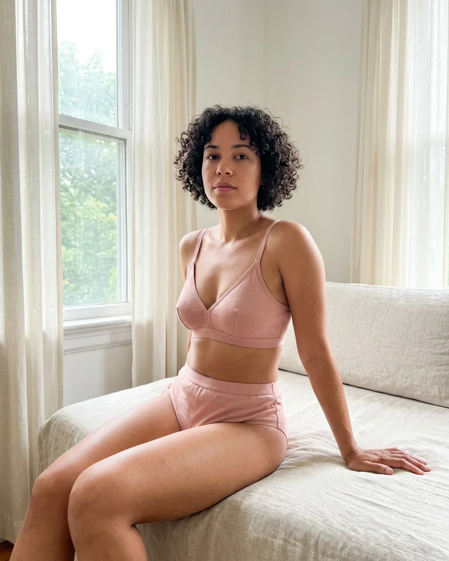 AI lingerie on-model photoshoot, finished frame