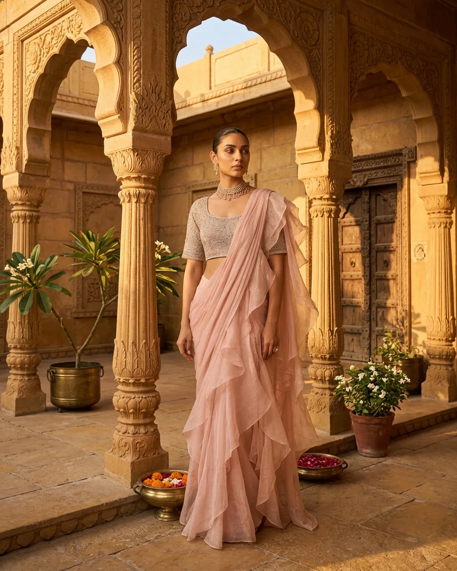 AI saree background swap, finished frame
