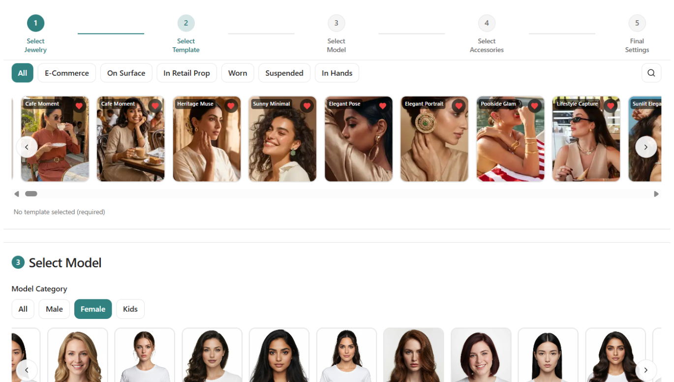 Kaptured studio — pick a model, surface and pose, then generate on-brand product photography in minutes.