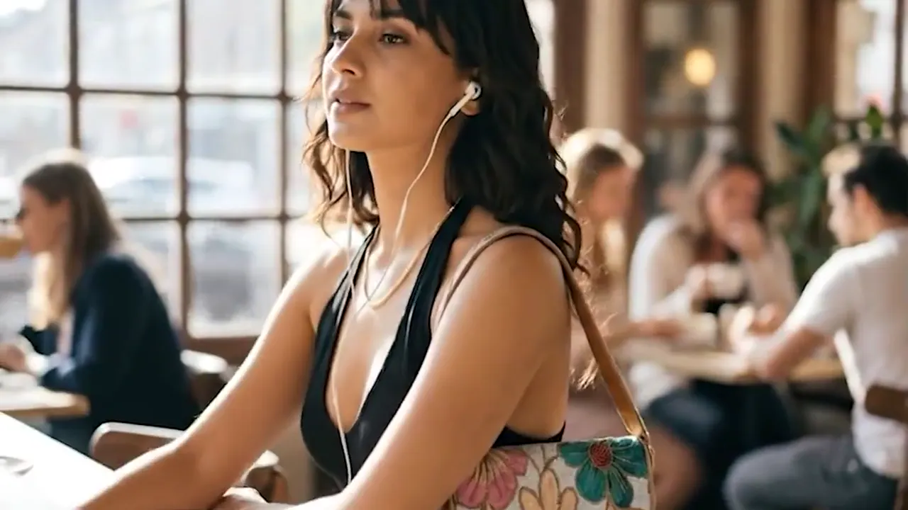 Woman with earphones in a cafe, a scene scored with background music in an AI commercial