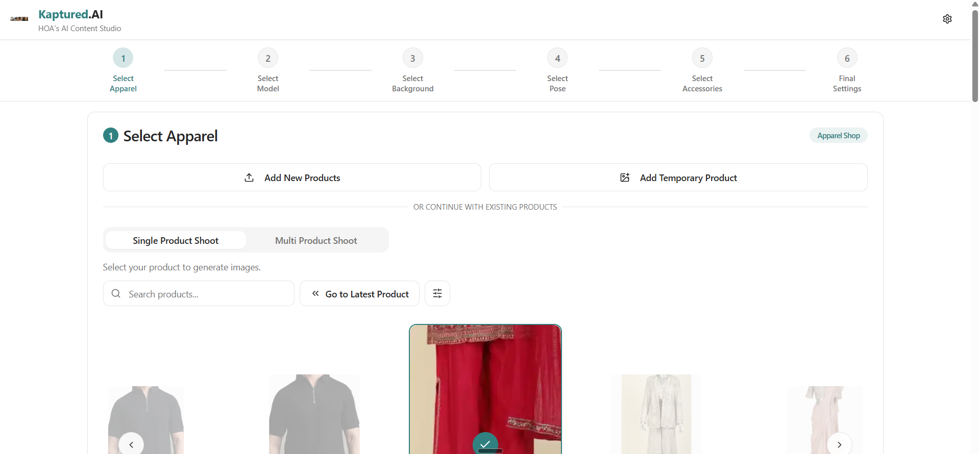Kaptured dashboard, Select Apparel step, with an Ethnic Cotler red ethnic set selected