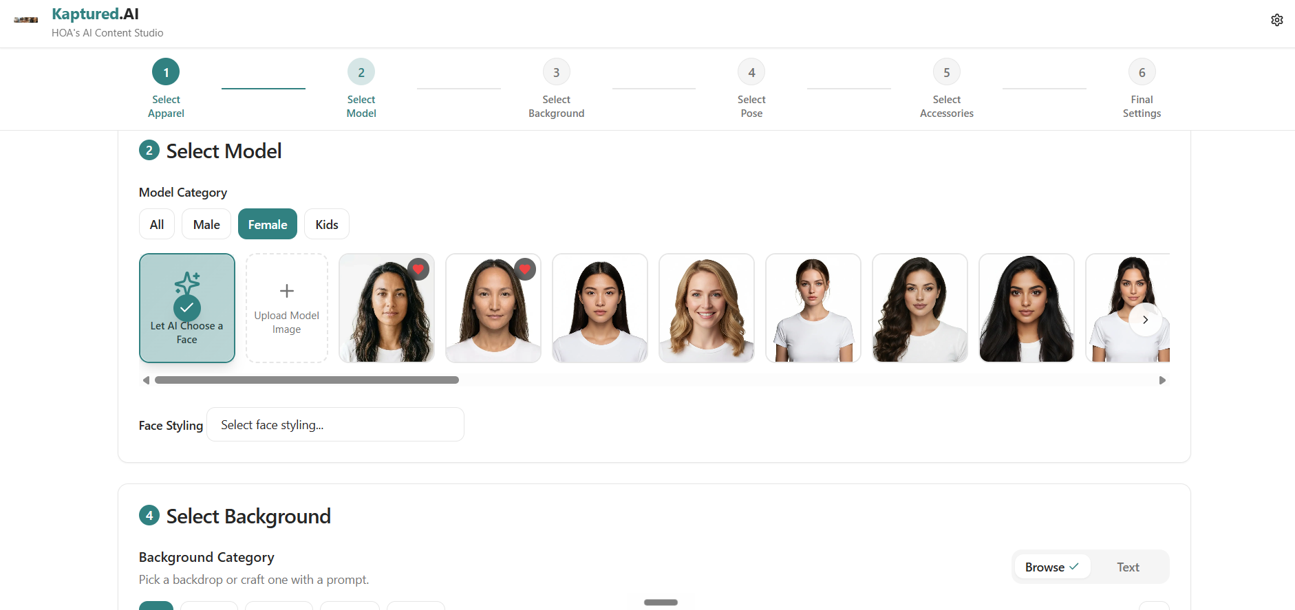 Kaptured dashboard, Select Model step, choosing a model to keep consistent across the catalogue