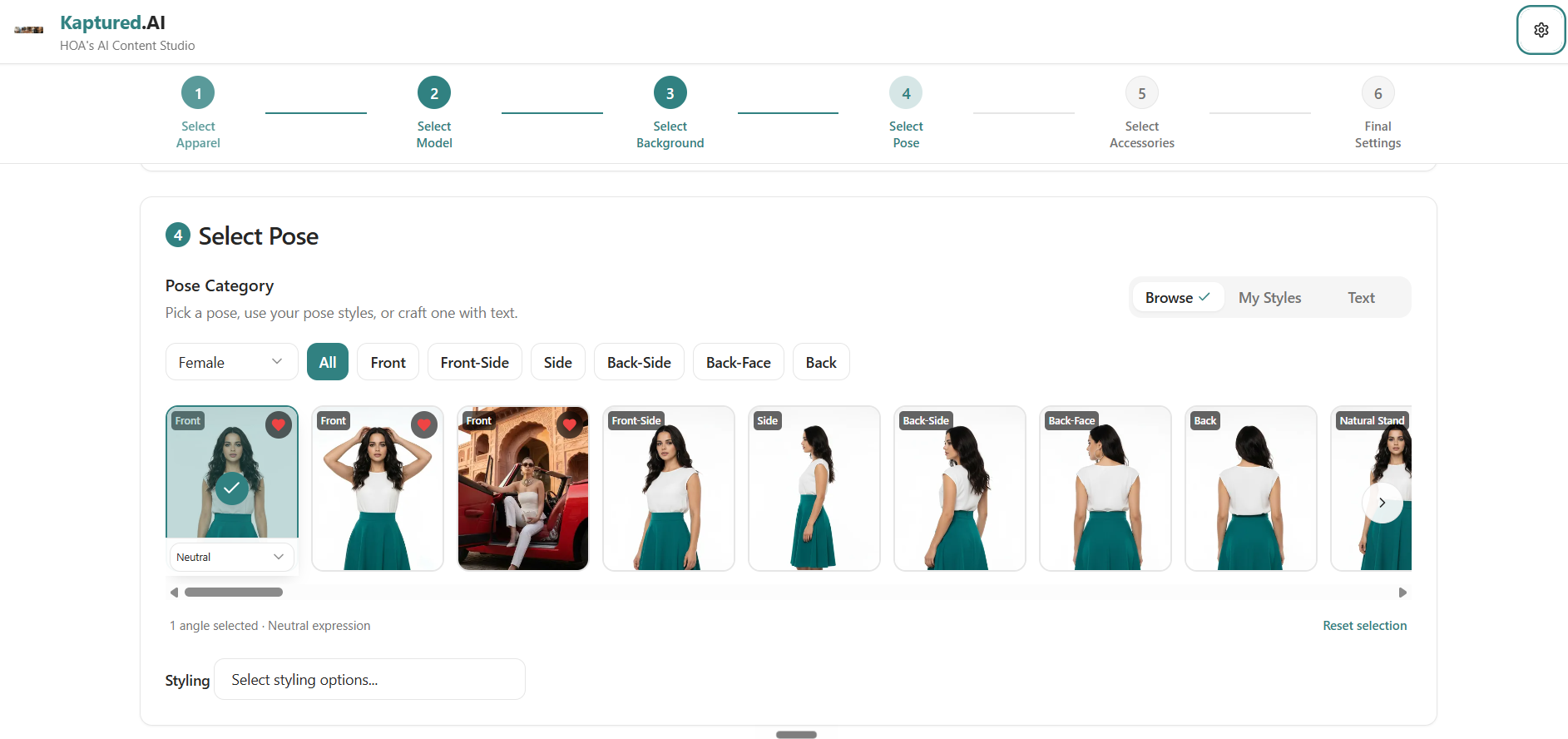 Kaptured dashboard, Select Pose step showing front, side, back and angled poses