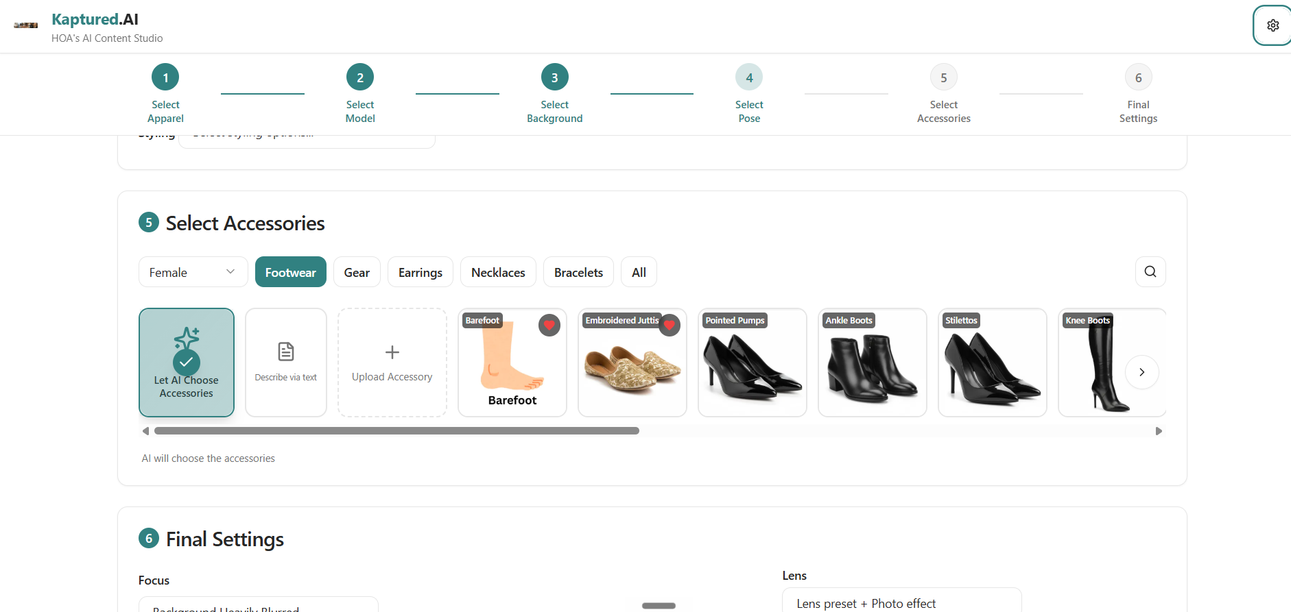 Kaptured dashboard, Select Accessories and Final Settings step with footwear and lens controls