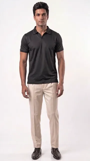 Model turning in a polo shirt in an AI product page clip